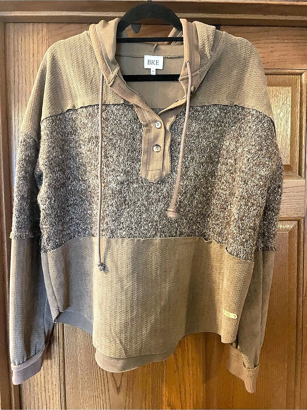 BKE Pieced Sweater Waffle Knit Hoodie Pieced Waffle Knit Hoodie Brown & Gray